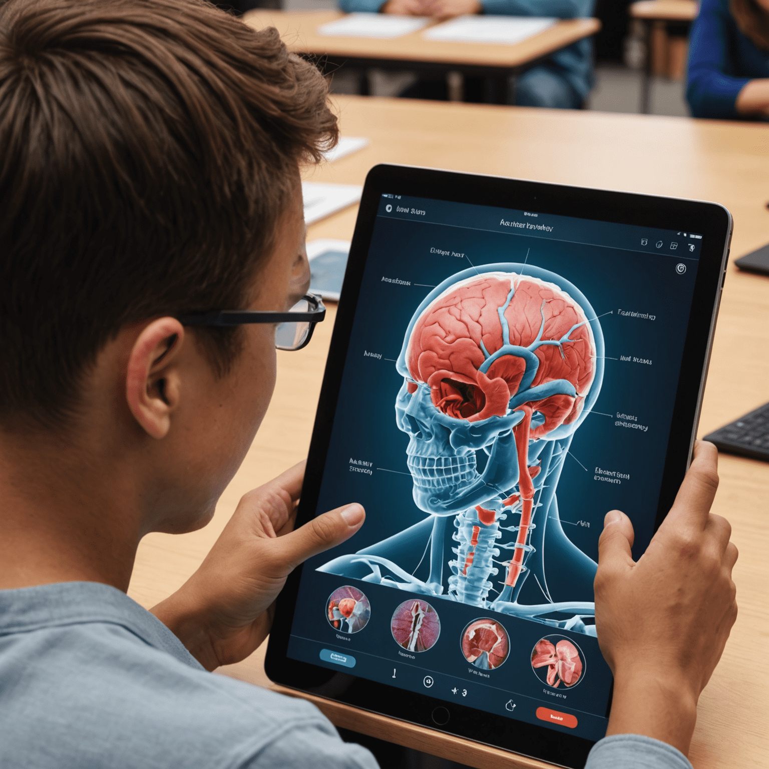 A student using an AR app on a tablet to learn about the human anatomy, with virtual 3D models of organs and systems overlaid on the screen